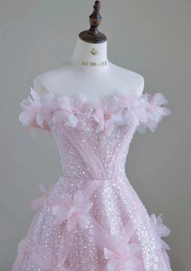 Robe de soirée longue rose brillante à épaules dénudées et motif floral, coupe trapèze, MD7454