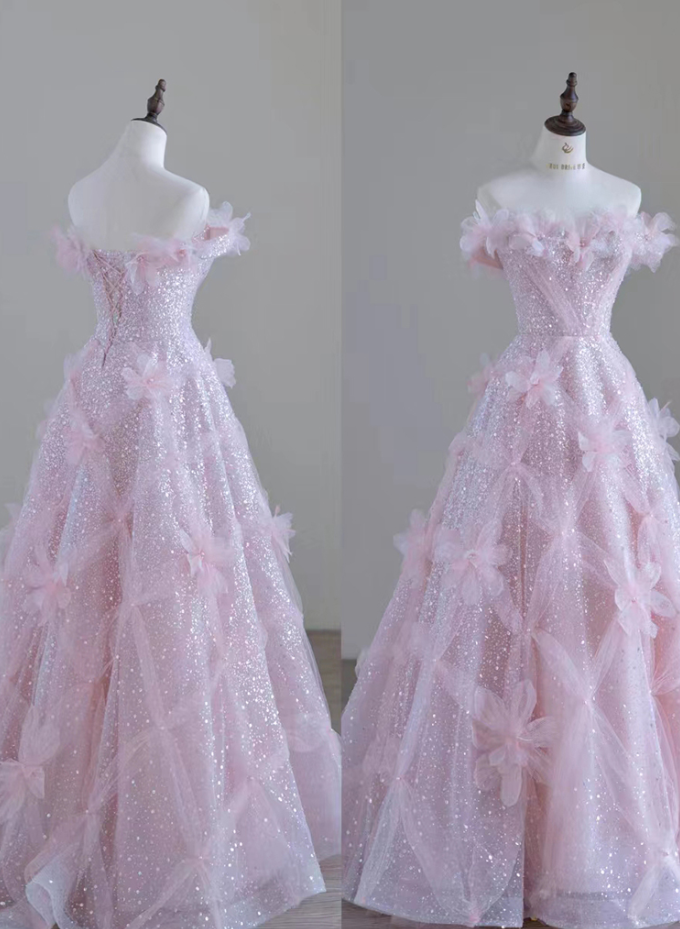 Robe de soirée longue rose brillante à épaules dénudées et motif floral, coupe trapèze, MD7454