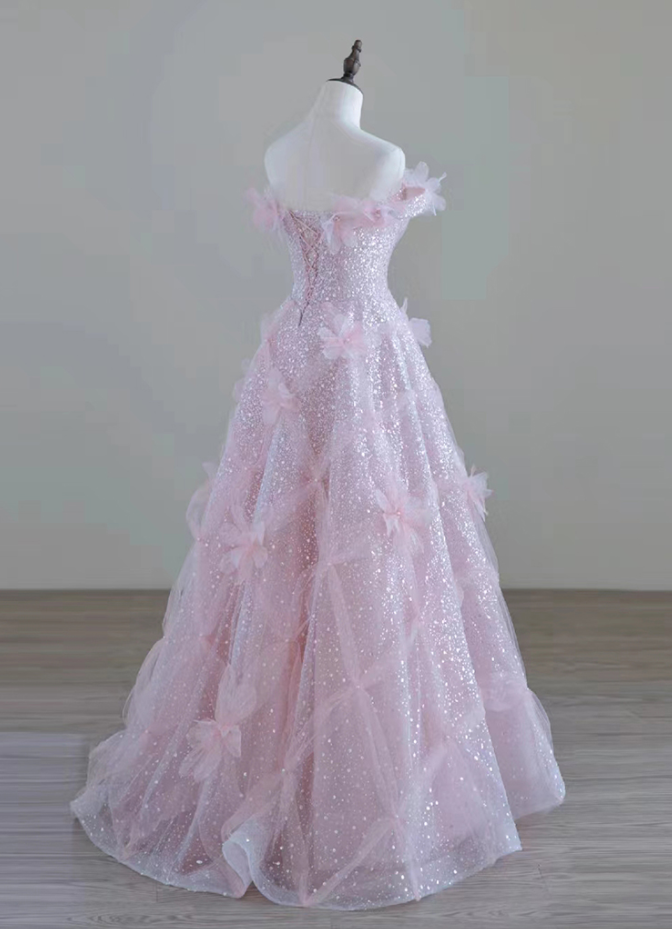 Robe de soirée longue rose brillante à épaules dénudées et motif floral, coupe trapèze, MD7454