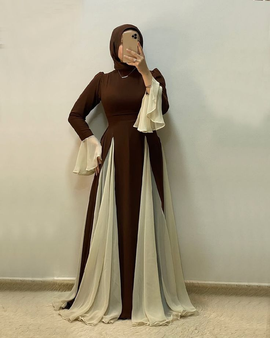 Robe de soirée élégante marron à manches longues, coupe trapèze, D965