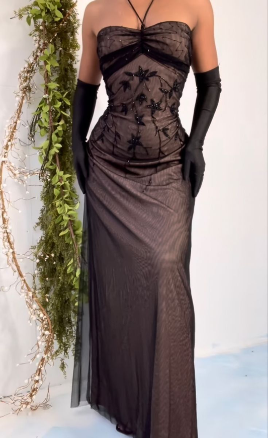 Robe de soirée longue style sirène marron élégante, col licou, ornée de perles, style vintage, D966