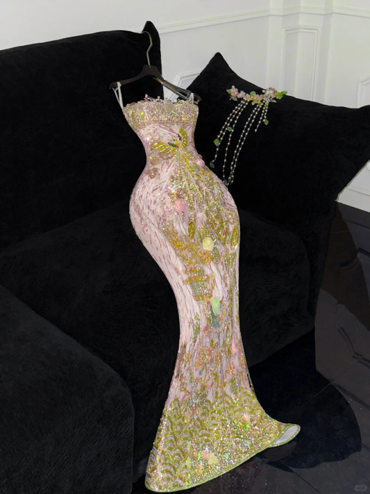 Gorgeous Sparkling Pink Beaded Applique Mermaid Design Exquisite Embroidery Evening Dress Prom Dresses D1639