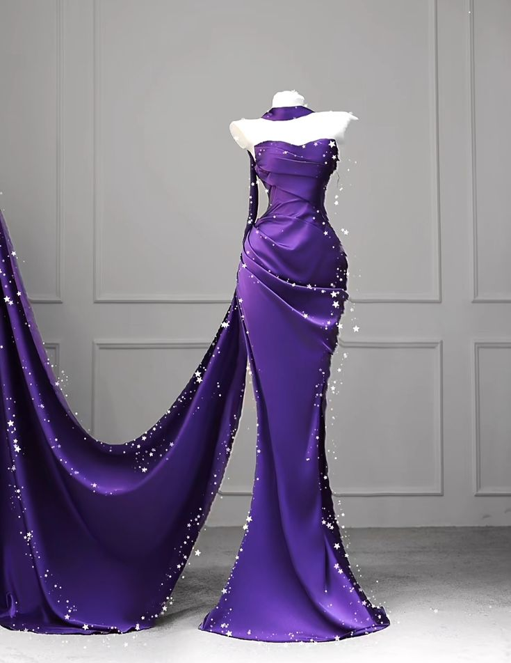 Charmante robe de soirée longue en satin violet sans bretelles, style sirène, D968