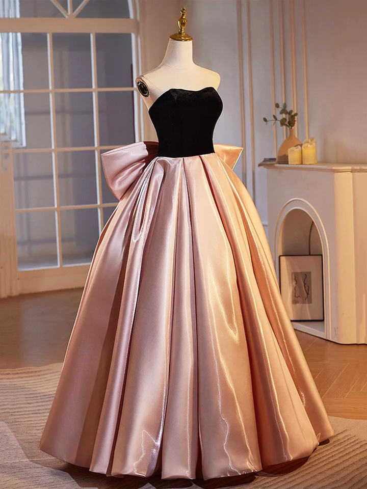 Robe de soirée trapèze bustier en velours noir et satin rose MD7187