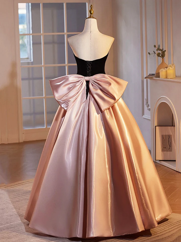 Robe de soirée trapèze bustier en velours noir et satin rose MD7187
