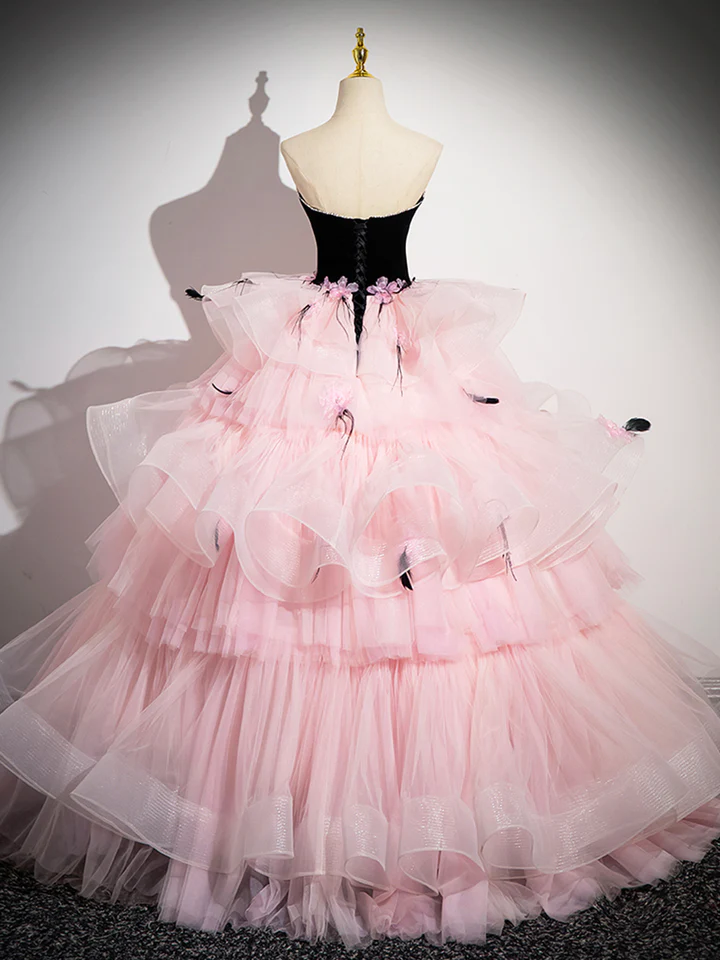 Pink Tulle and Black Velvet Strapless Party Gown Ruffles Formal Evening Dress MD7188