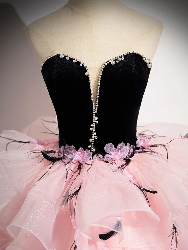 Pink Tulle and Black Velvet Strapless Party Gown Ruffles Formal Evening Dress MD7188