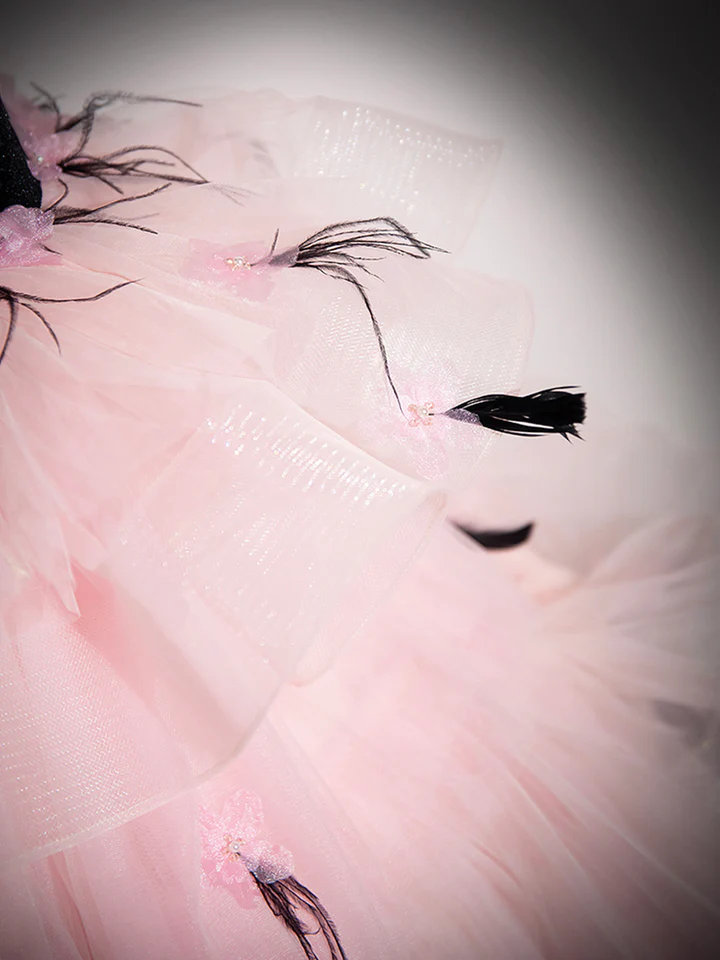 Pink Tulle and Black Velvet Strapless Party Gown Ruffles Formal Evening Dress MD7188