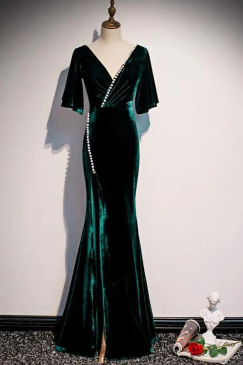 Robe de soirée longue en velours vert foncé, style sirène, col en V, MD7218