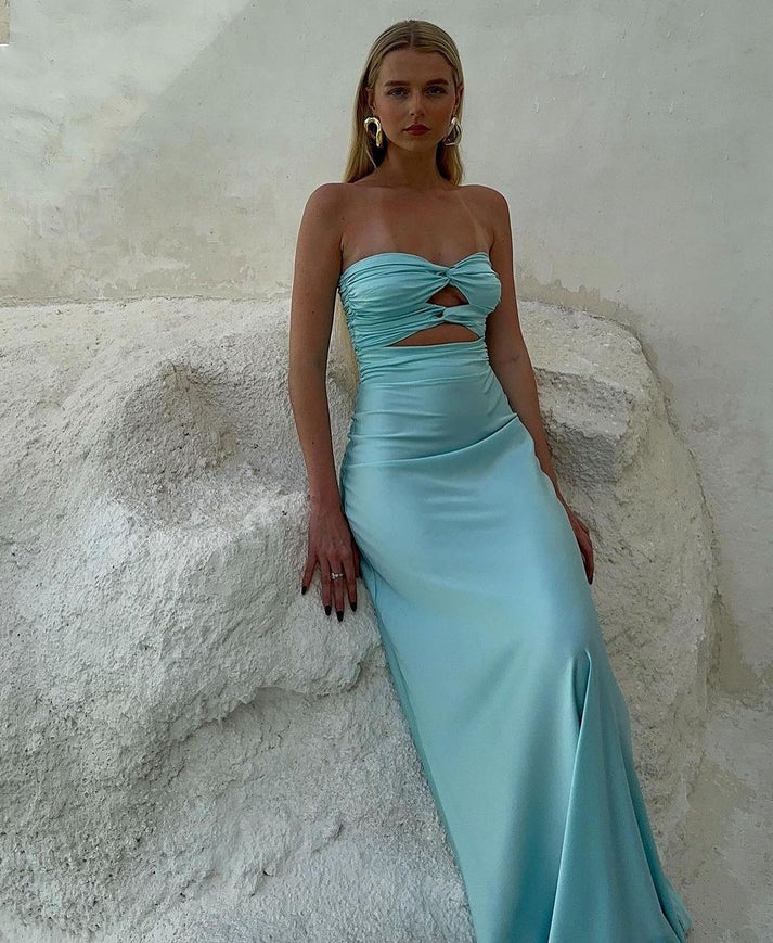 Blue Strapless A-Line Satin Long Party Dress Wedding Guest Dress MD7397