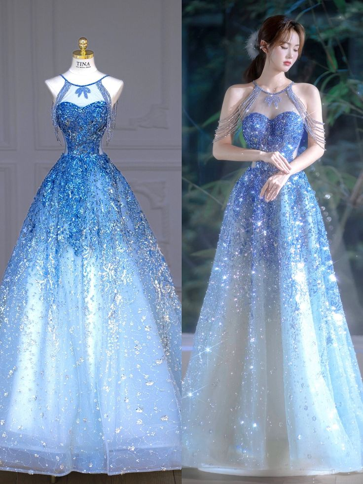 Blaues Neckholder-A-Linien-Tüll-Pailletten-Lang-Partykleid-Geburtstags-Outfits MD7483