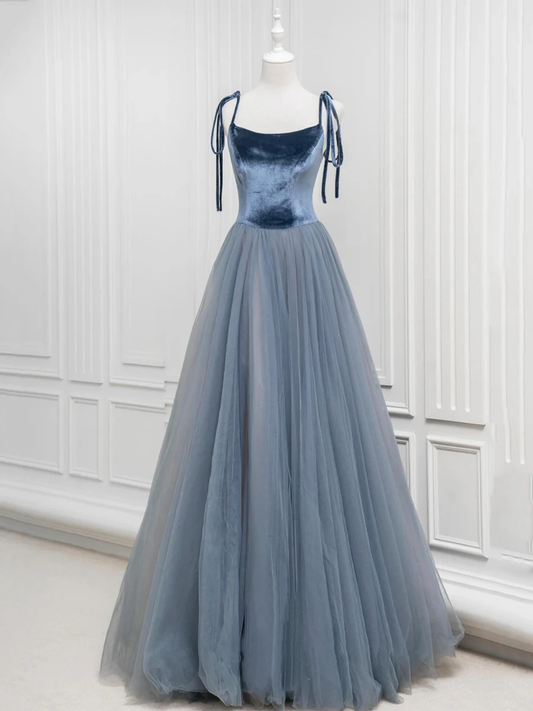 Robe de soirée longue en tulle et velours, coupe trapèze, gris et bleu, MD7197