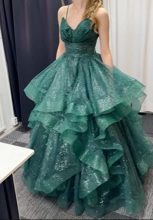 Grünes A-Linien-Ballkleid mit Spaghettiträgern, lang, formelles Abendkleid, D932