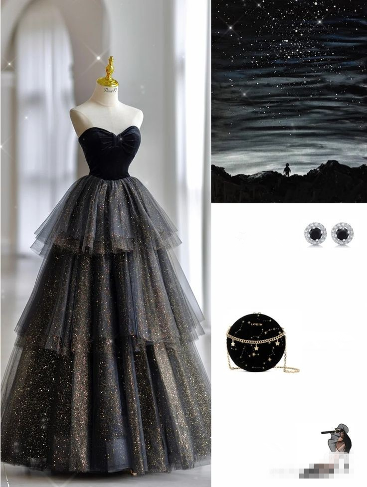 Robe de soirée longue en tulle noir brillant, décolleté en cœur, coupe trapèze, MD7534