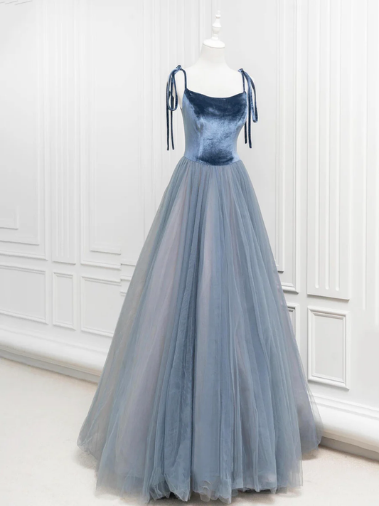 Robe de soirée longue en tulle et velours, coupe trapèze, gris et bleu, MD7197