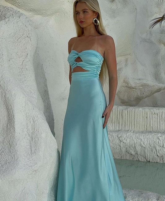 Robe de soirée longue en satin bleu sans bretelles, coupe trapèze, robe d'invitée de mariage MD7397