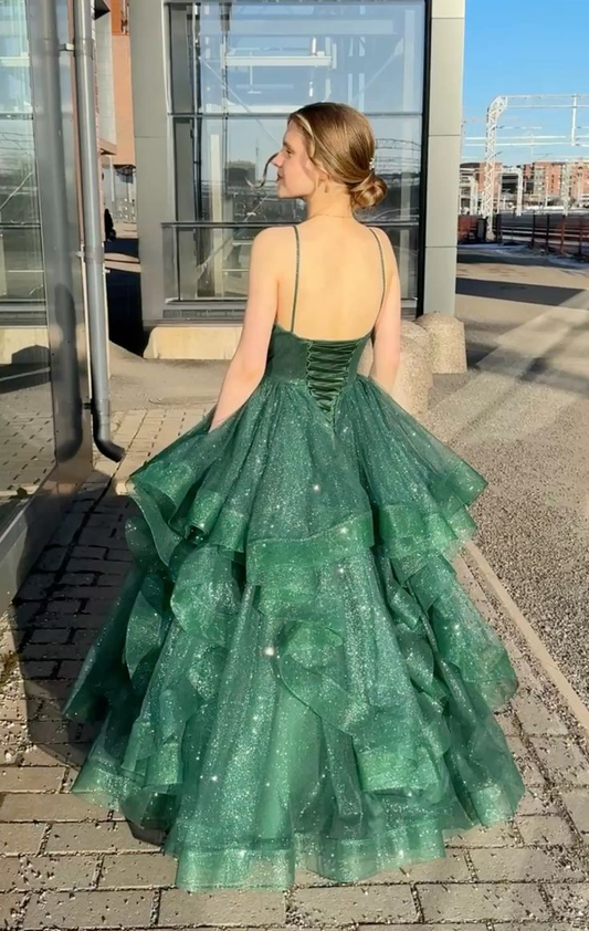 Grünes A-Linien-Ballkleid mit Spaghettiträgern, lang, formelles Abendkleid, D932