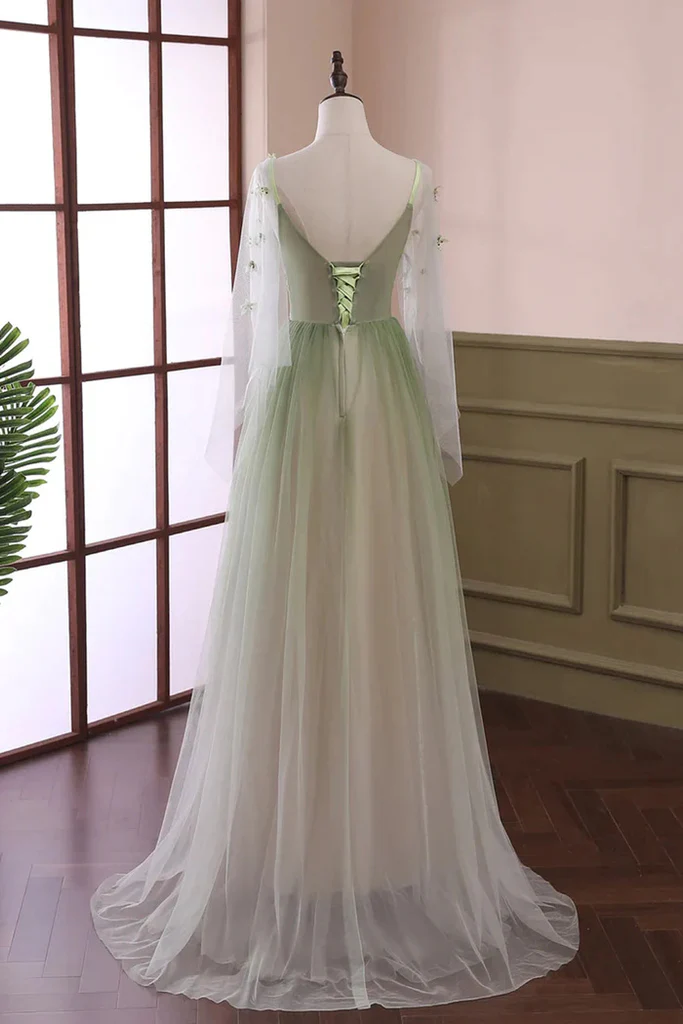Light Green V Neck A-Line Tulle Formal Long Evening Dress MD7213