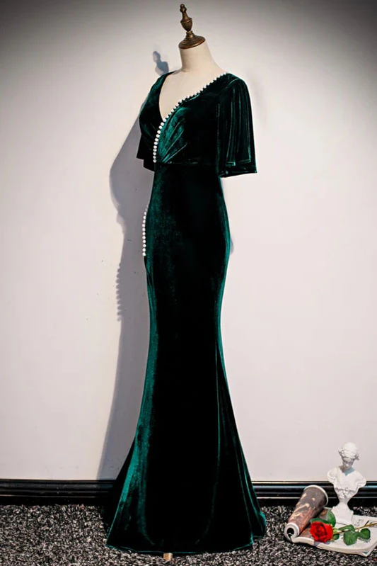 Robe de soirée longue en velours vert foncé, style sirène, col en V, MD7218