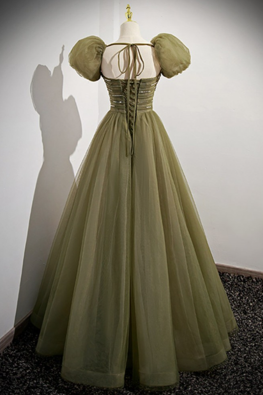 Green A-Line Tulle Long Modest Prom Dress with Removable Sleeves MD7306