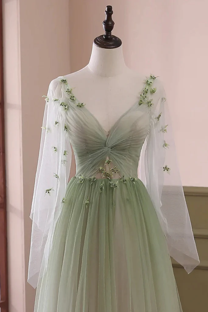Light Green V Neck A-Line Tulle Formal Long Evening Dress MD7213