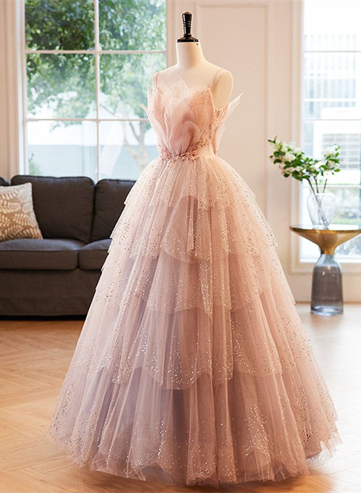 Stunning Pink Spaghetti Straps A-Line Long Prom Dress Evening Gown MD7333