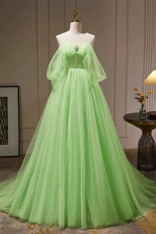 Robe de bal longue en tulle, épaules dénudées, coupe trapèze, verte, à paillettes, MD7224
