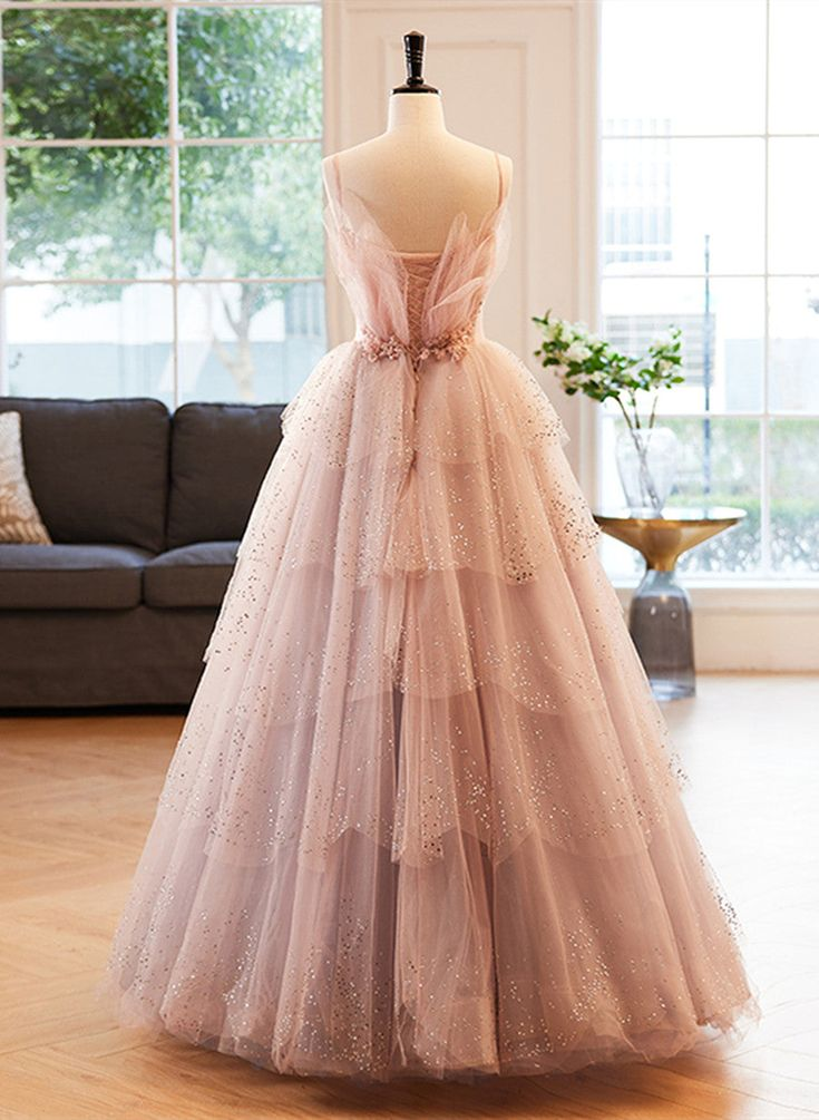 Stunning Pink Spaghetti Straps A-Line Long Prom Dress Evening Gown MD7333