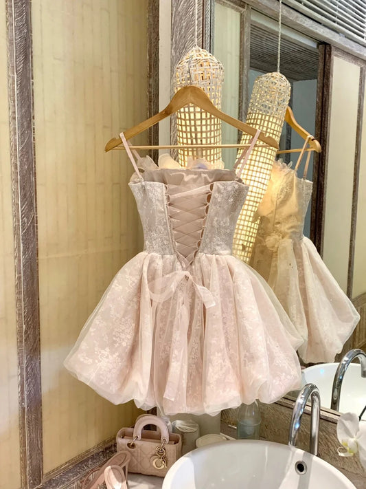 New Homecoming Dress Strapless Lace Flower Dress Back to School Outfits Party Dress D6389