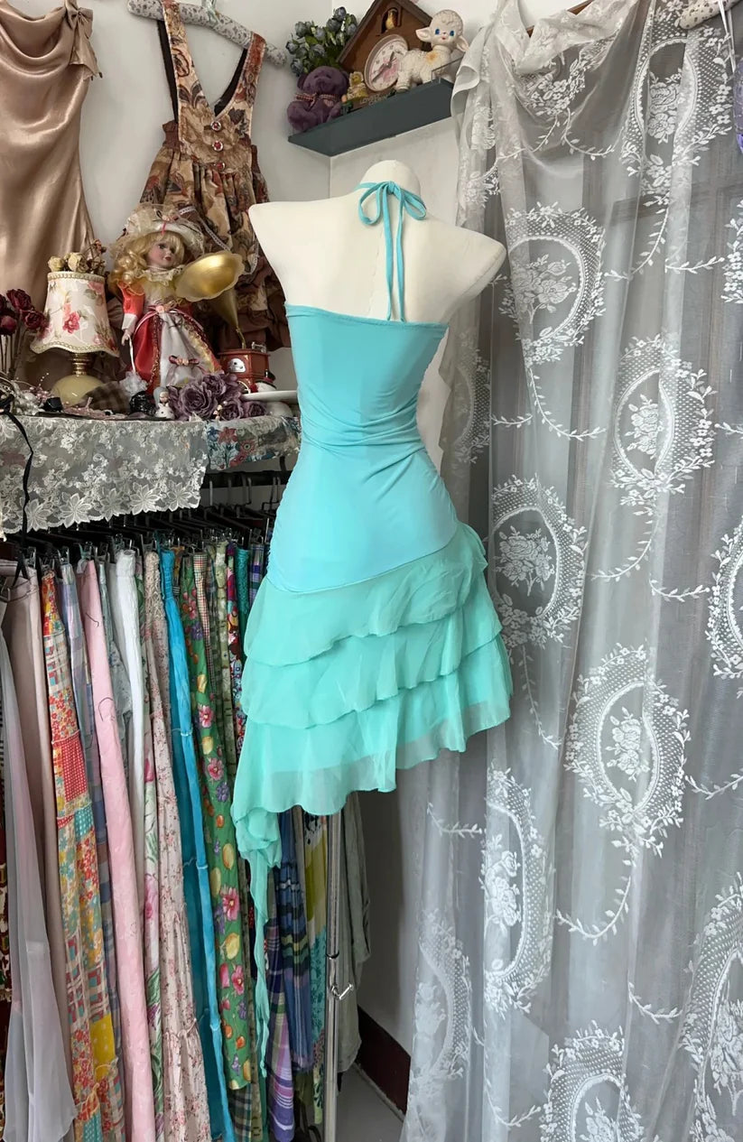 Retro Blue Sweetheart Ruffle Design A-line Chiffon Party Dress Homecoming Dress D1575