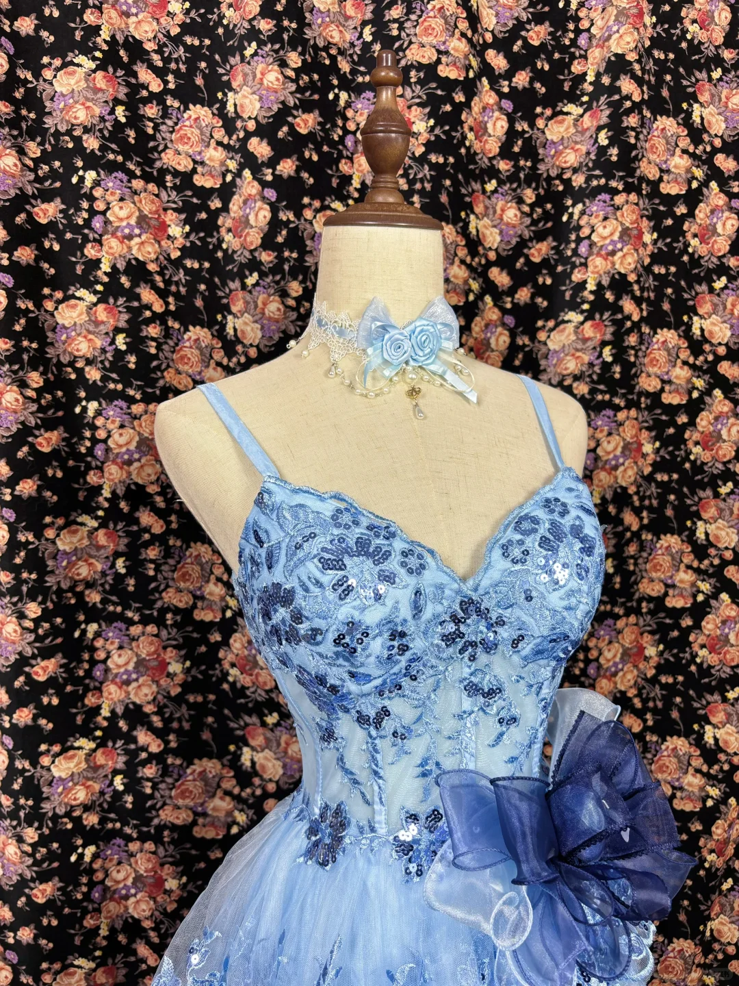 Retro Blue Floral Applique A-Line Elegant Chiffon Tiered Homecoming Dress Evening Dress Prom Dresses D1616