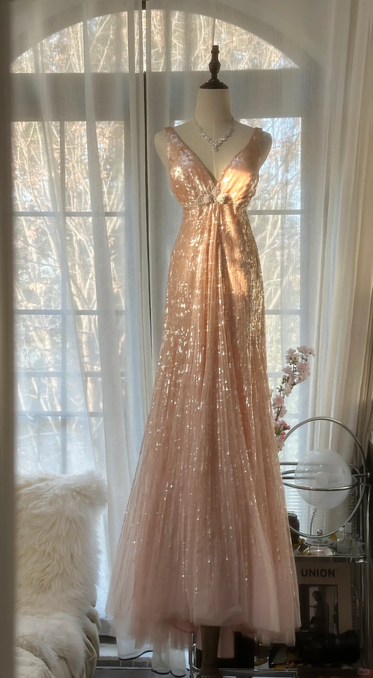 Vintage Champagne Sparkling Sequin Design Romantic Chiffon Evening Dress Prom Dress D1513