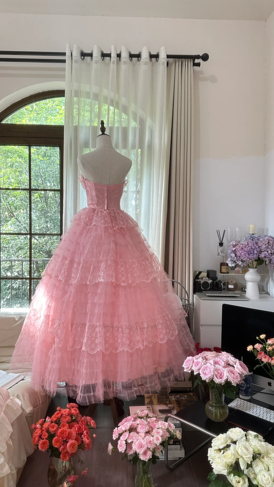 Vintage Pink Strapless Sweetheart Design Romantic Chiffon Tiered Evening Dress Prom Dress  D1485