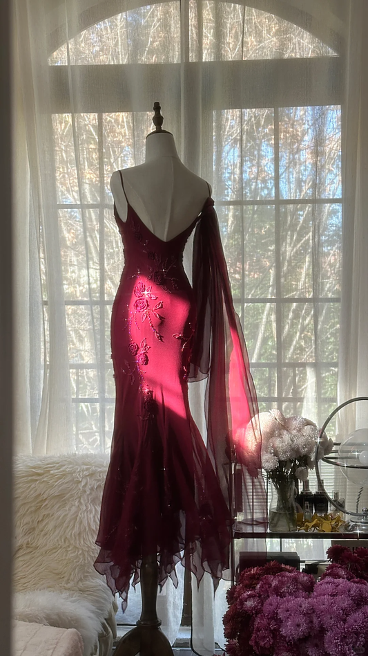 Elegant Burgundy Spaghetti Strap Gorgeous Beaded Shinny Chiffon Evening Dress Prom Dress D1472