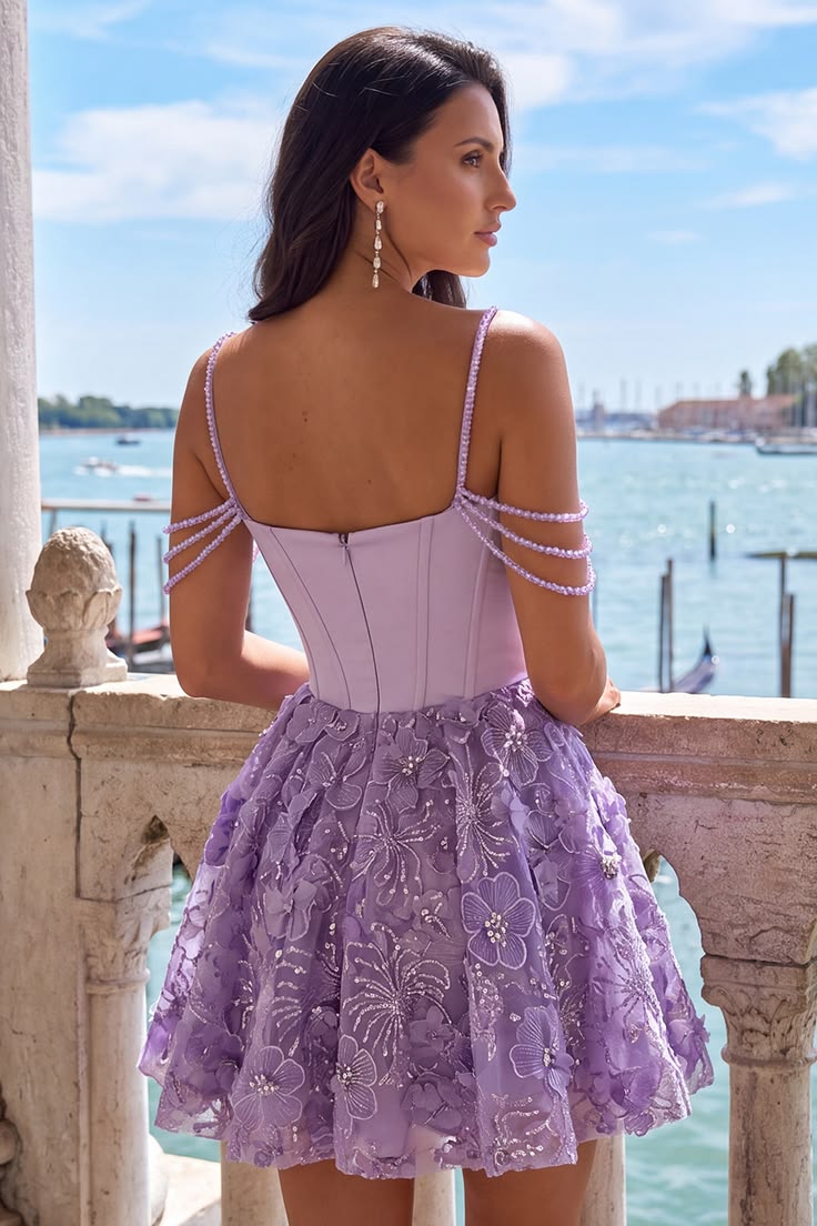 Unique Homecoming Dress Off the Shoulder Pleated Flower Bead Back to School Outfits Party Dress D7821
