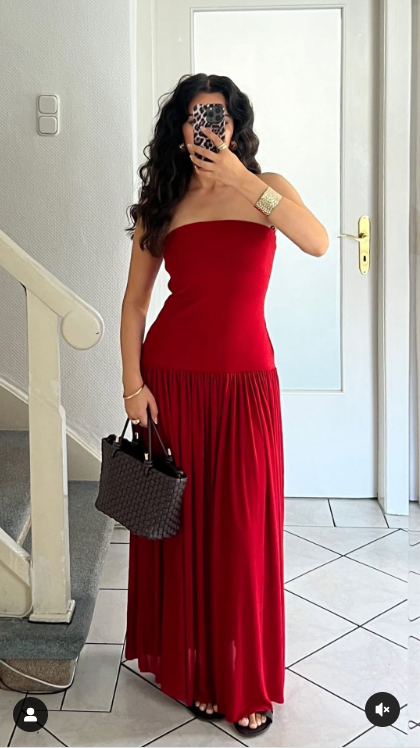 Charmante robe de soirée longue rouge sans bretelles, coupe trapèze, robe d'invitée de mariage MD7347