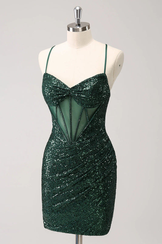 Robe de soirée vintage vert foncé à paillettes et bretelles spaghetti, coupe trapèze, D1366