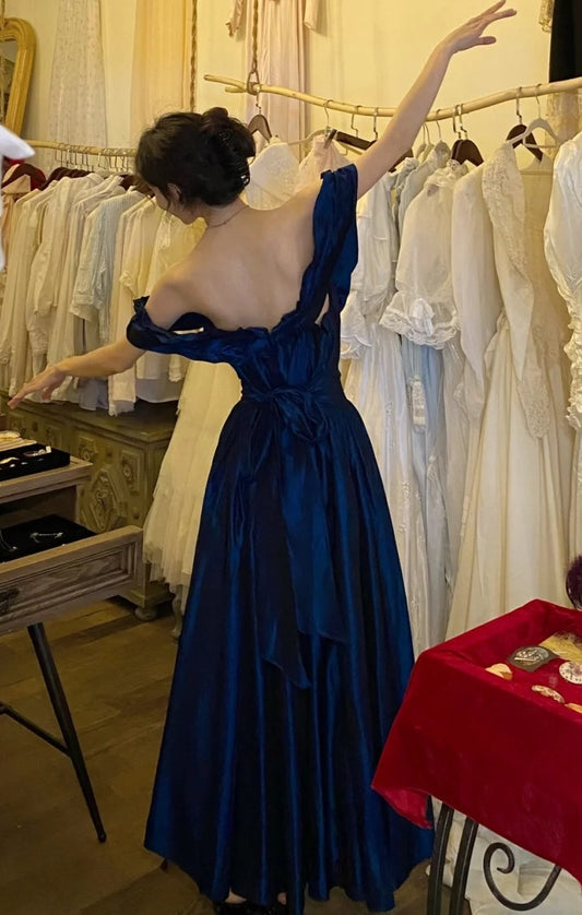 Stunning Prom Dress Navy Blue Off Shoulder Pleated Gala Dress Formal Dress Evening Dress D4573