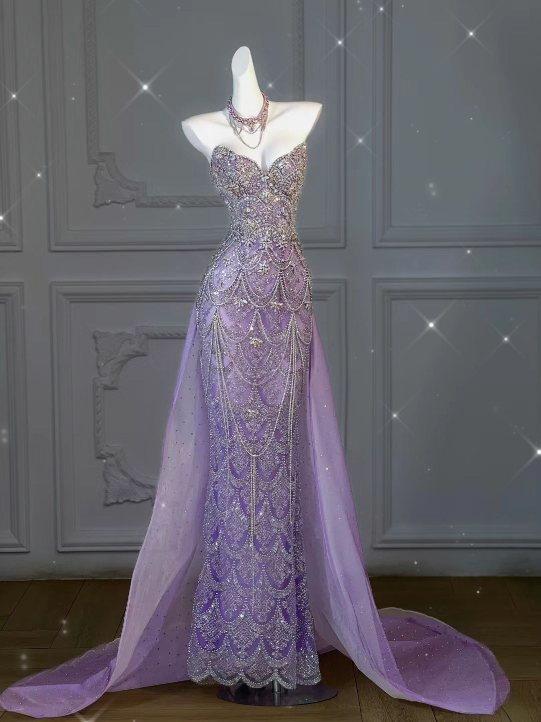 Stunning Lilac Sweetheart Mermaid Beading Long Party Dress Evening Gown, D969
