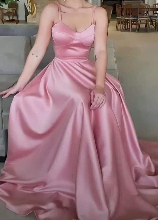Robe de demoiselle d'honneur longue en satin rose à bretelles spaghetti, coupe trapèze, MD7368