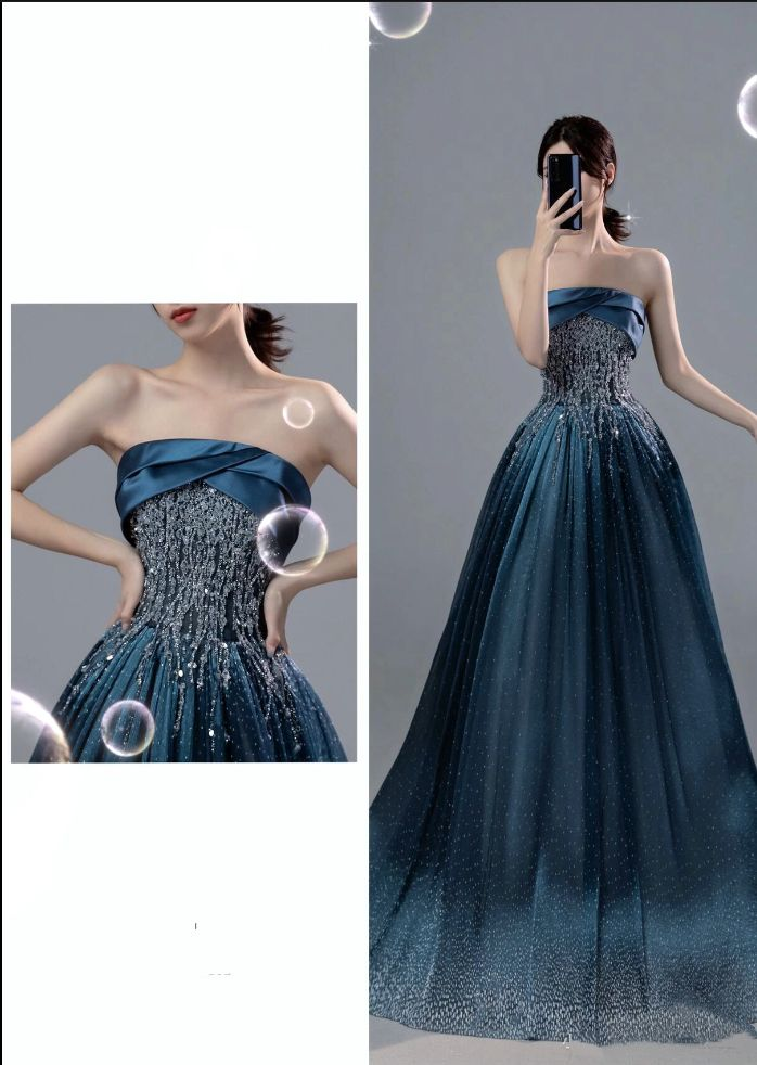 Robe de soirée longue en satin bleu marine, coupe trapèze, sans bretelles, avec perles, MD7474