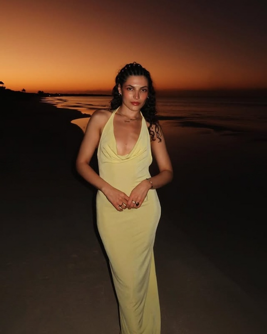 Robe de soirée longue en satin jaune clair, col licou, fourreau, robe d'invitée de mariage, D185