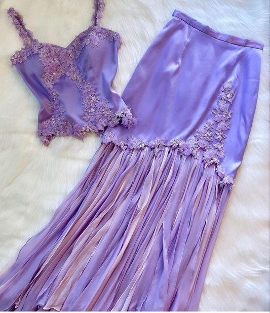 Robe de soirée longue vintage en satin et mousseline de soie, deux pièces, bretelles lilas, D975