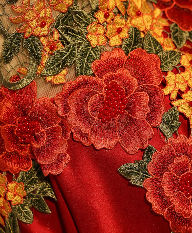 Vintage Red Floral Embroidery Design A-line Lace-up Satin Party Dress Homecoming Dress D1548