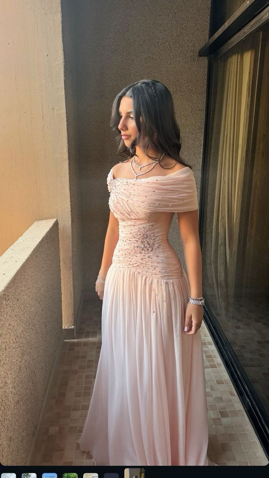 Robe de soirée longue rose clair à épaules dénudées et perles, coupe trapèze, MD7373