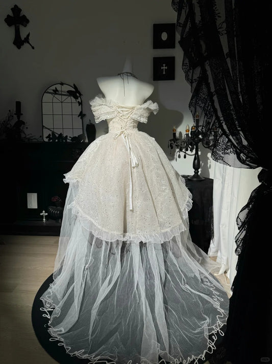 New Homecoming Dress Off the Shoulder Tulle Sequins Bead Applique Hi-Lo Pearl Rinestone Ball Gown Back to School Outfits Party Dress Birthday Dress Wedding Dress D7551