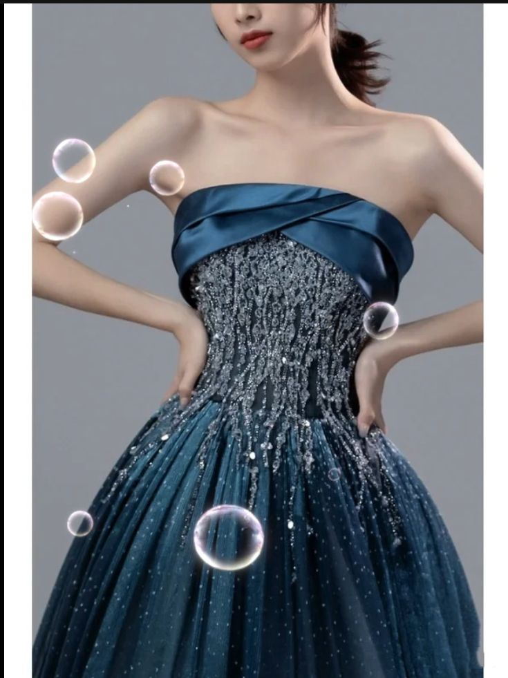 Robe de soirée longue en satin bleu marine, coupe trapèze, sans bretelles, avec perles, MD7474