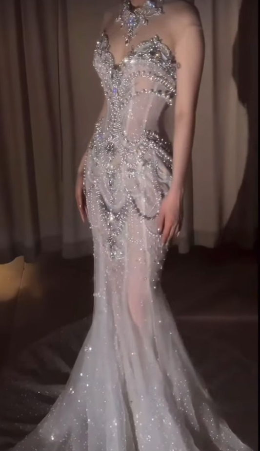 Wunderschönes Sweetheart Meerjungfrau Perlen verziertes langes Partykleid Brautkleid, D778