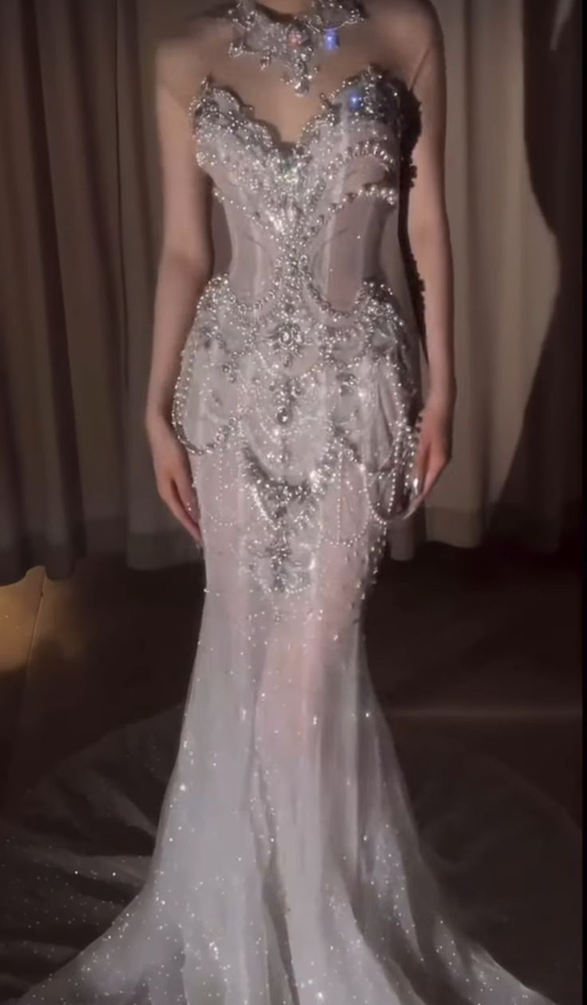 Wunderschönes Sweetheart Meerjungfrau Perlen verziertes langes Partykleid Brautkleid, D778