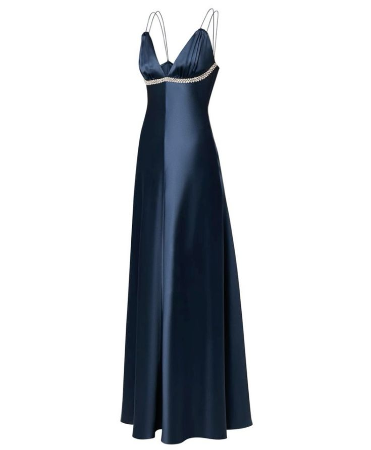 Dunkelmarineblaues A-Linien-Satin-Partykleid mit Trägern, langes Abendkleid, D824